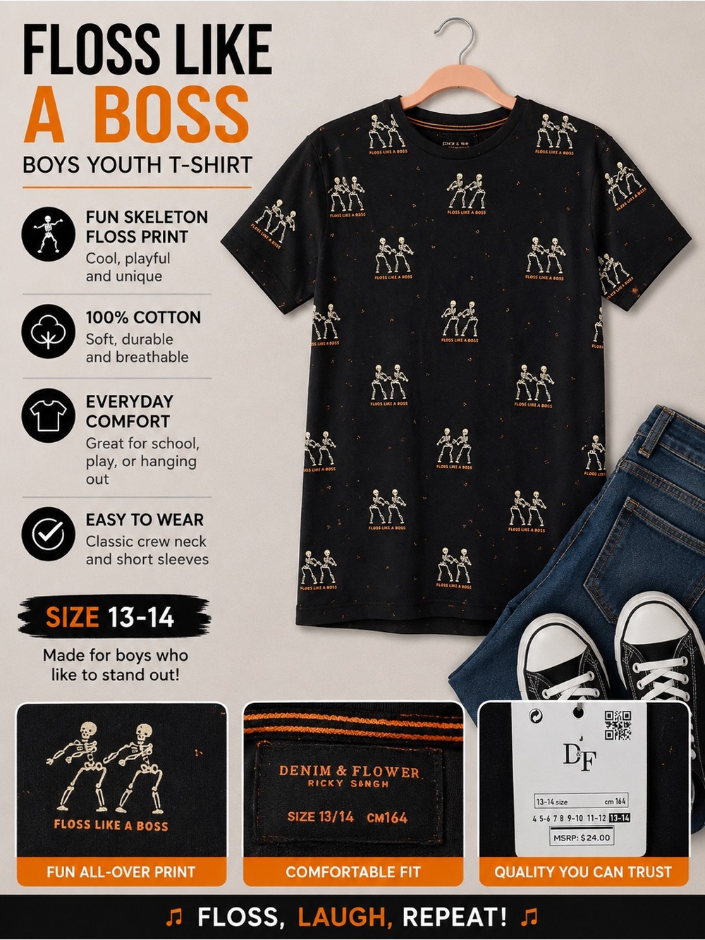Denim & Flower Black Tee with Cream Skeleton & Orange Accent